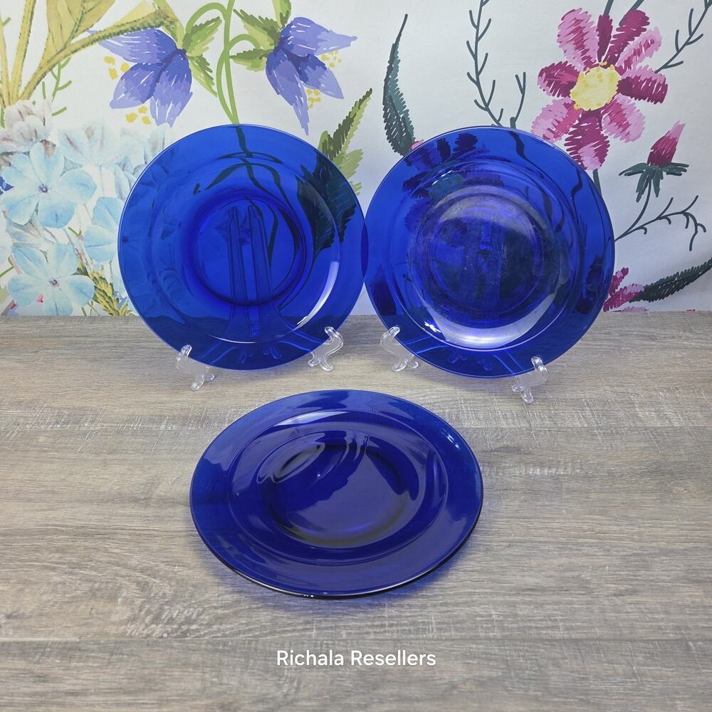 Bormioli Rocco Rondo Sapphire Cobalt Blue Salad Plates 8.25" Glass Lot Of 3